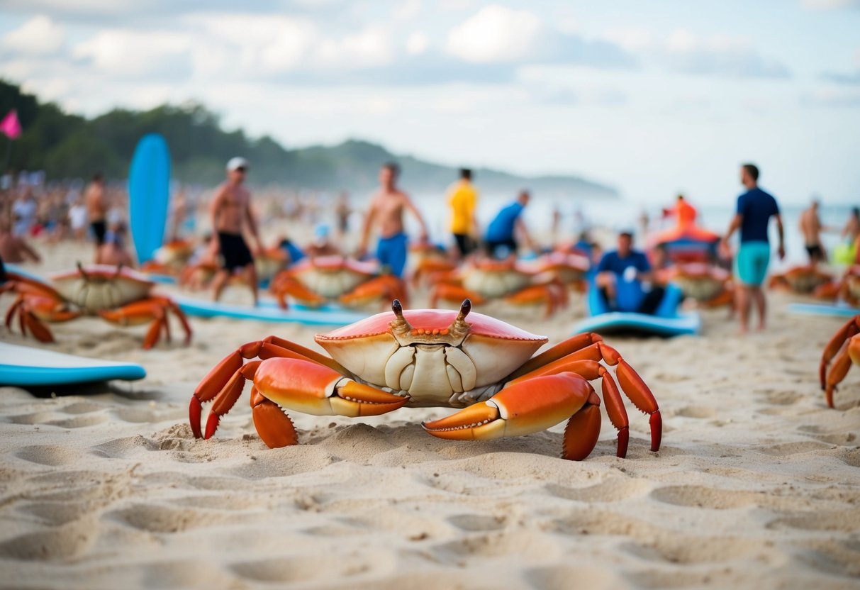 A crowded beach with giant crabs participating in various activities, such as sunbathing, surfing, and playing beach volleyball