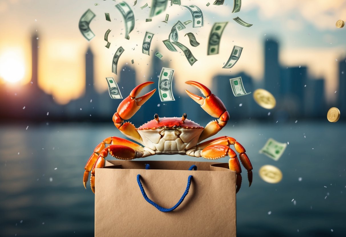 A crab holding a shopping bag with money raining down