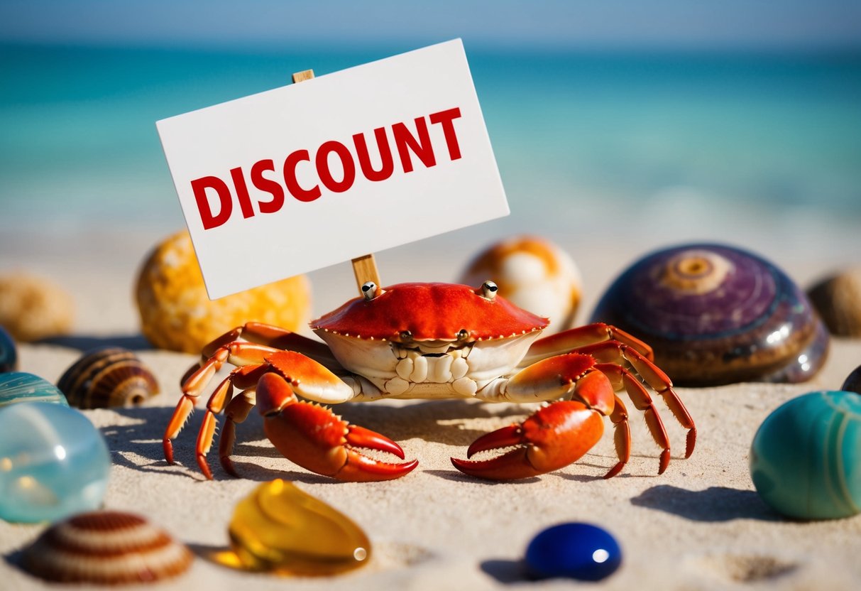 A crab holding a discount sign among ocean treasures