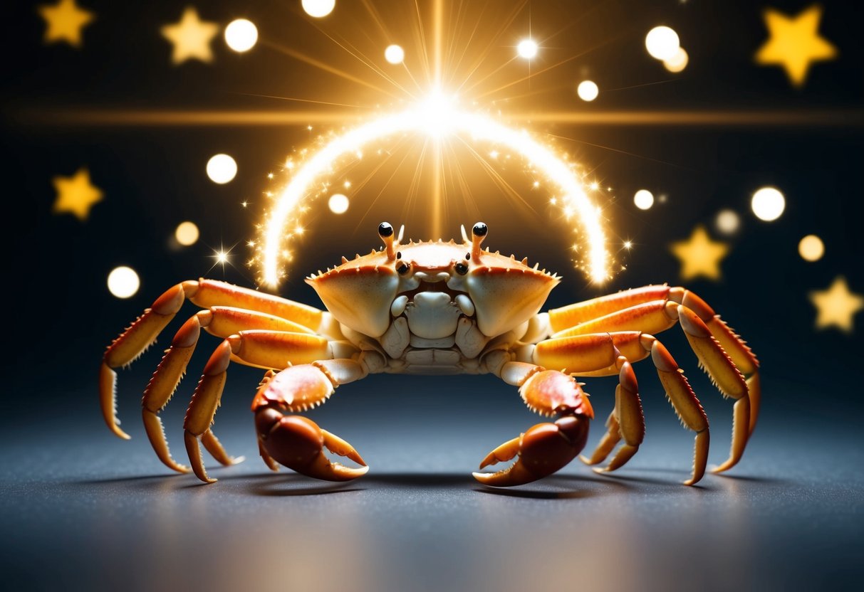 A majestic crab with a glowing halo surrounded by shining stars and beams of light