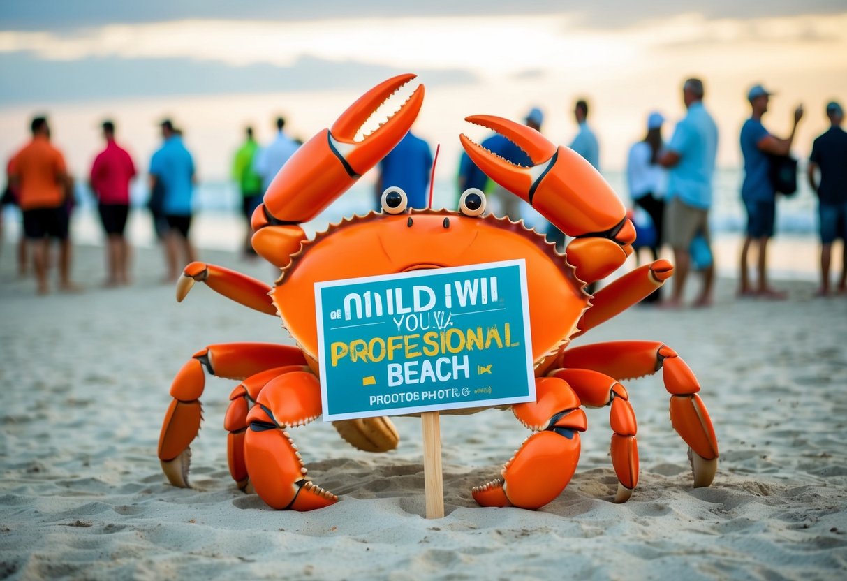 A giant crab holding a promotional sign on a beach with a crowd of people in the background