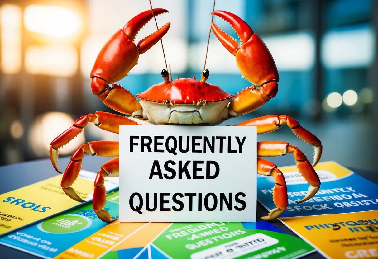 A crab holding a sign with the words "Frequently Asked Questions" surrounded by promotional items like banners and flyers