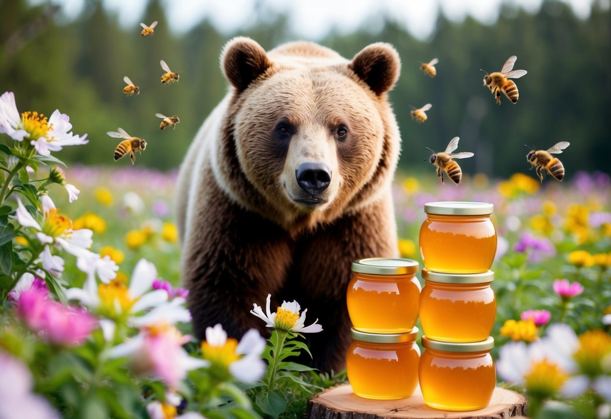 A bear surrounded by blooming flowers and buzzing bees, with jars of honey stacked nearby