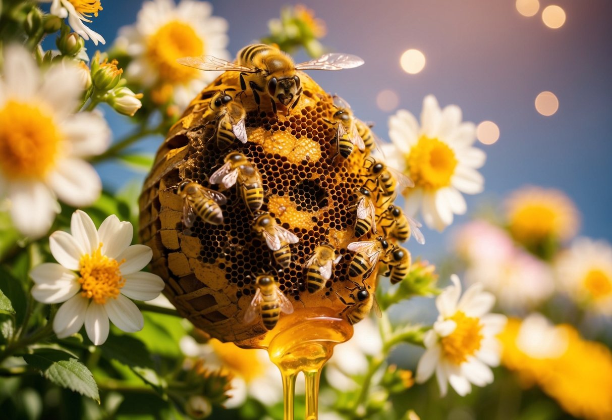 A buzzing beehive surrounded by blooming flowers and dripping with golden honey