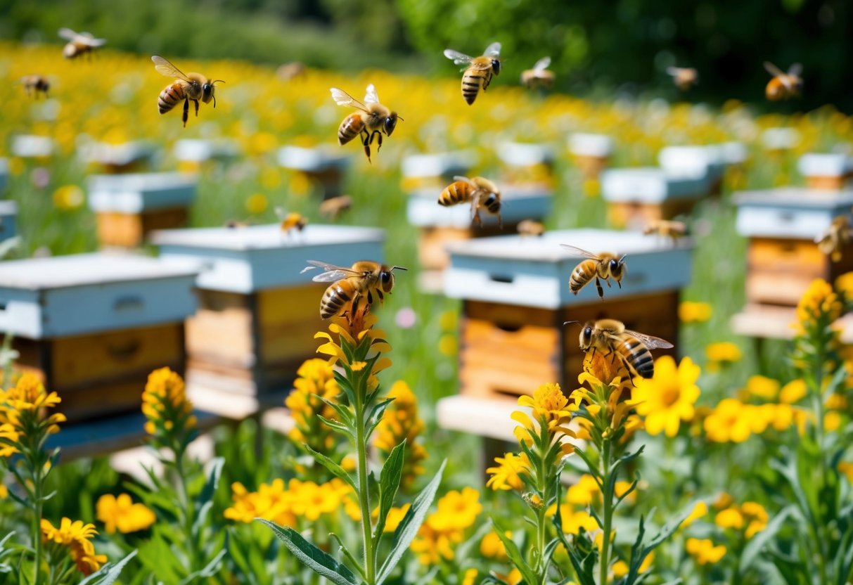 A serene meadow with vibrant wildflowers and buzzing bees collecting nectar from blooming Rowse Honey Organic hives