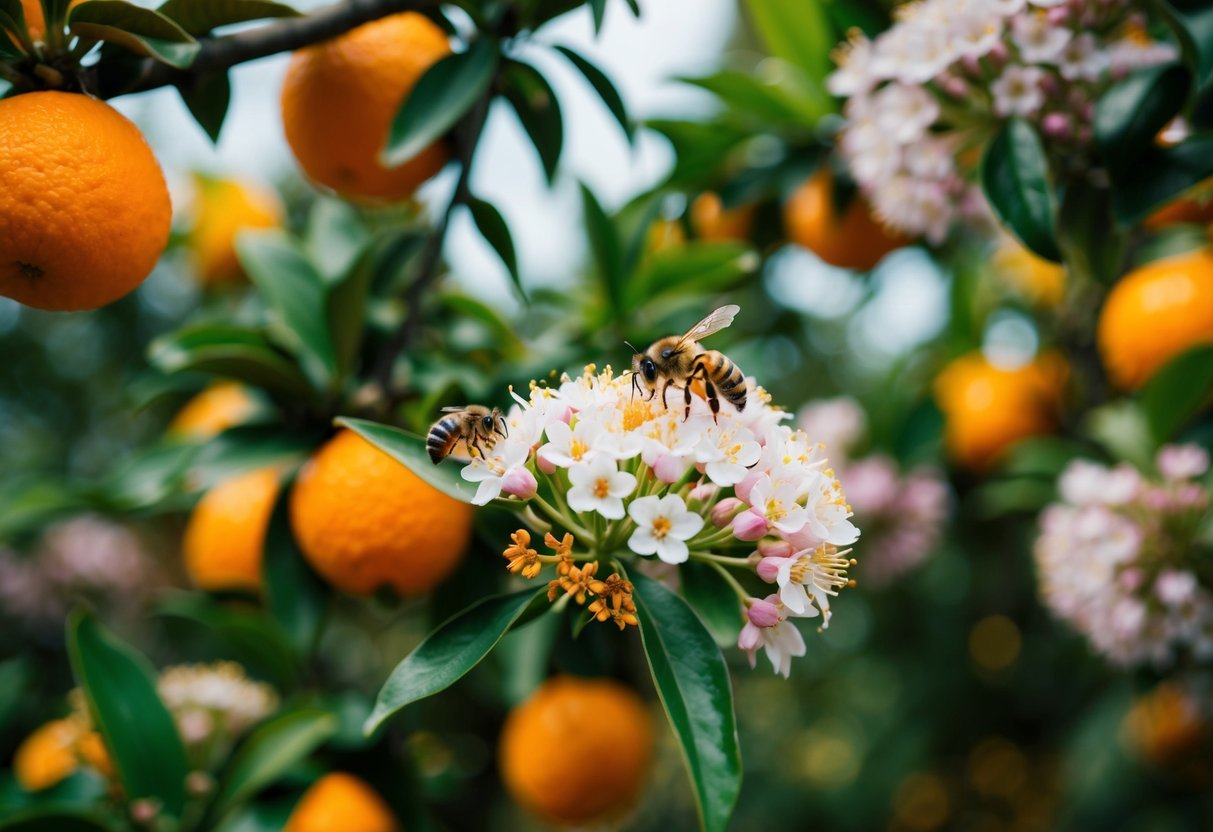 A buzzing orange grove, filled with blooming flowers and busy bees collecting nectar from the fragrant blossoms