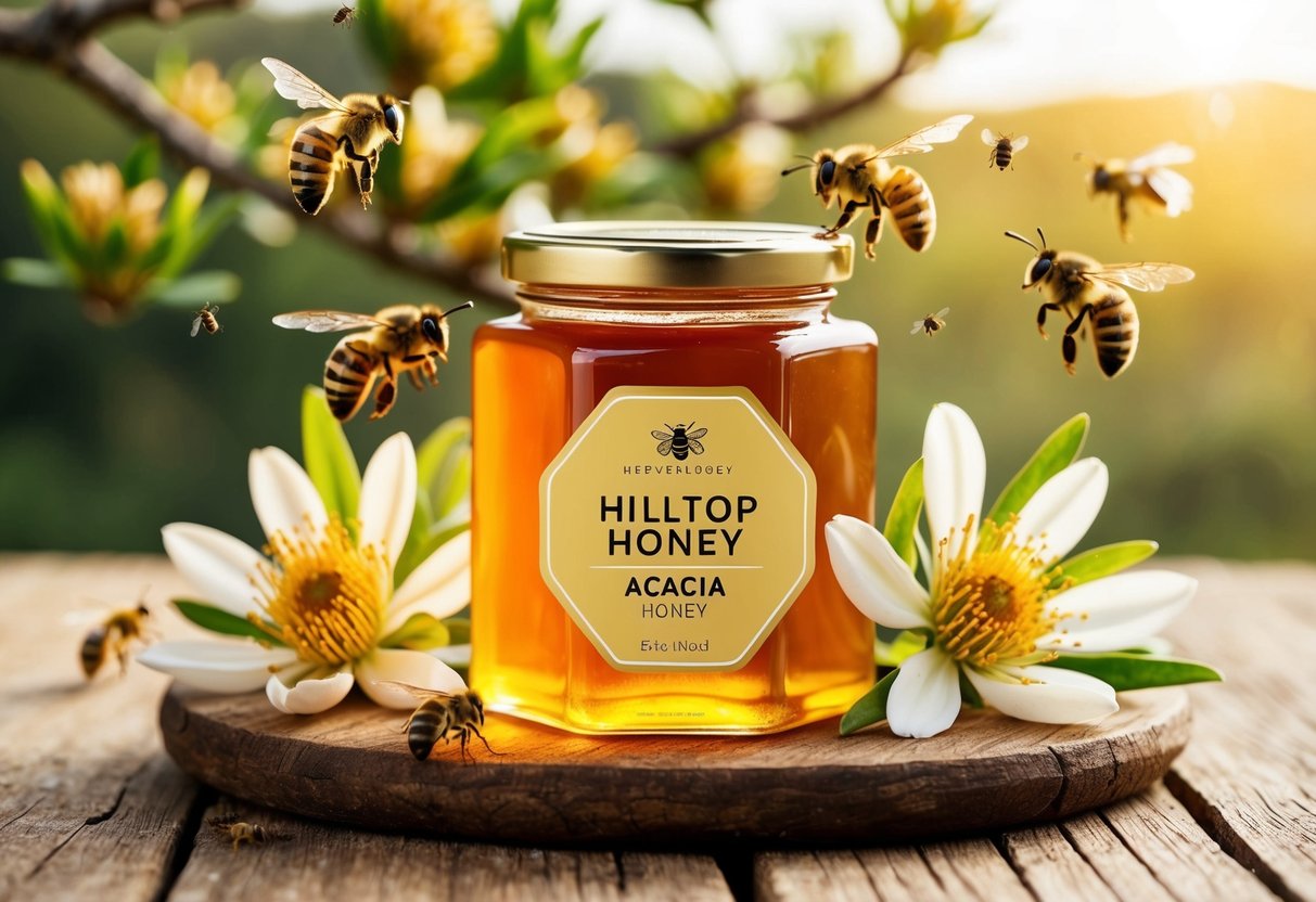 A golden jar of Hilltop Honey Acacia Honey sits on a rustic wooden table, surrounded by blooming acacia flowers and buzzing bees