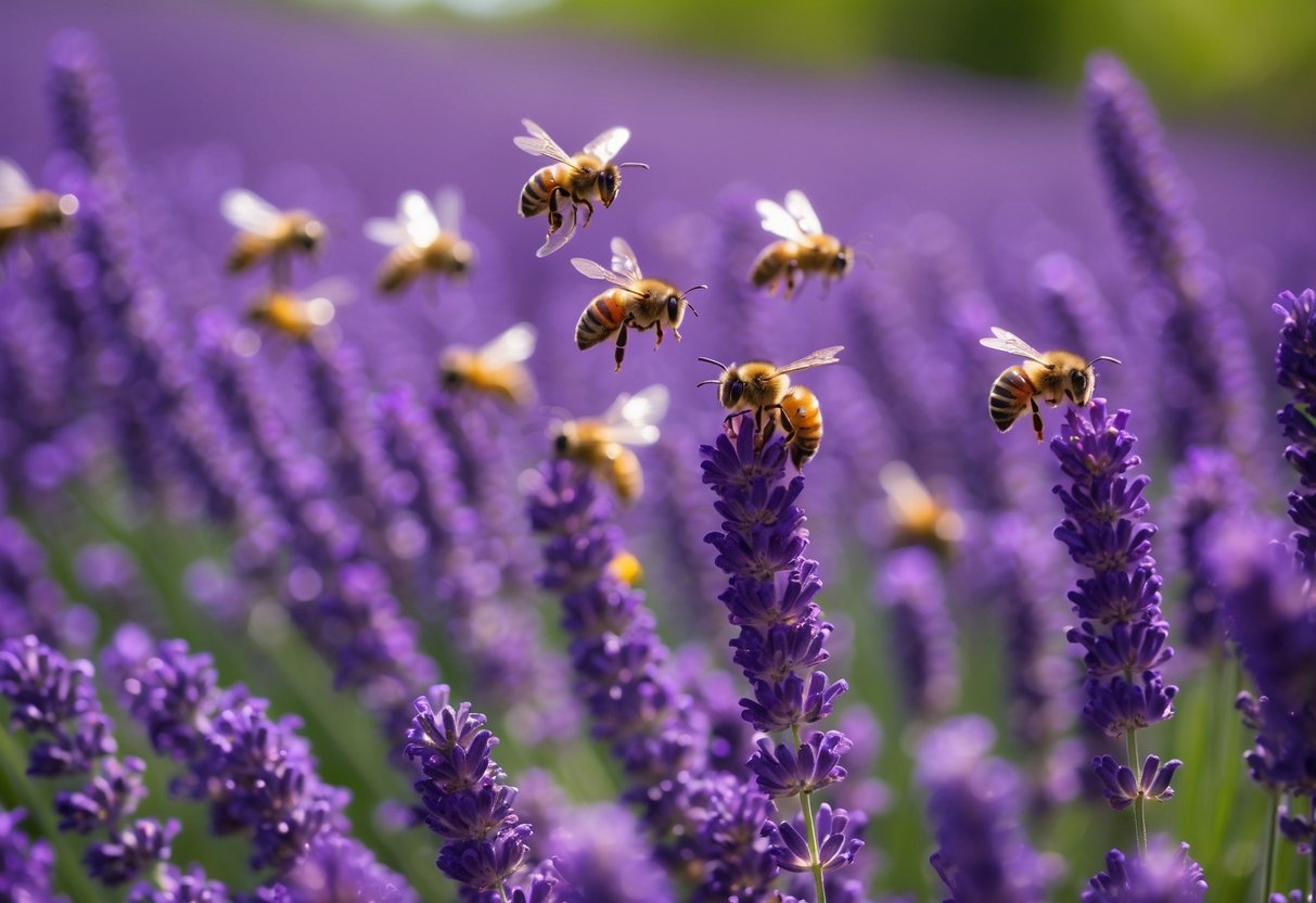 A field of blooming lavender with bees buzzing around, collecting nectar for Littleover Apiaries Lavender Honey
