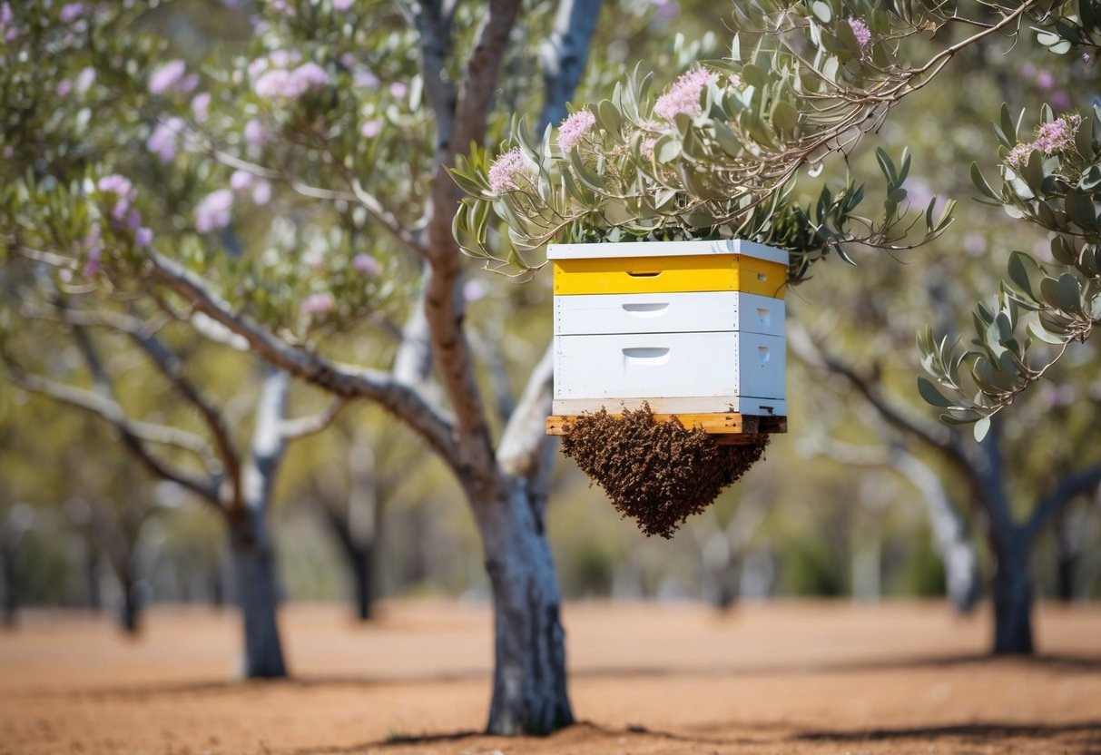 A buzzing beehive surrounded by blooming eucalyptus trees