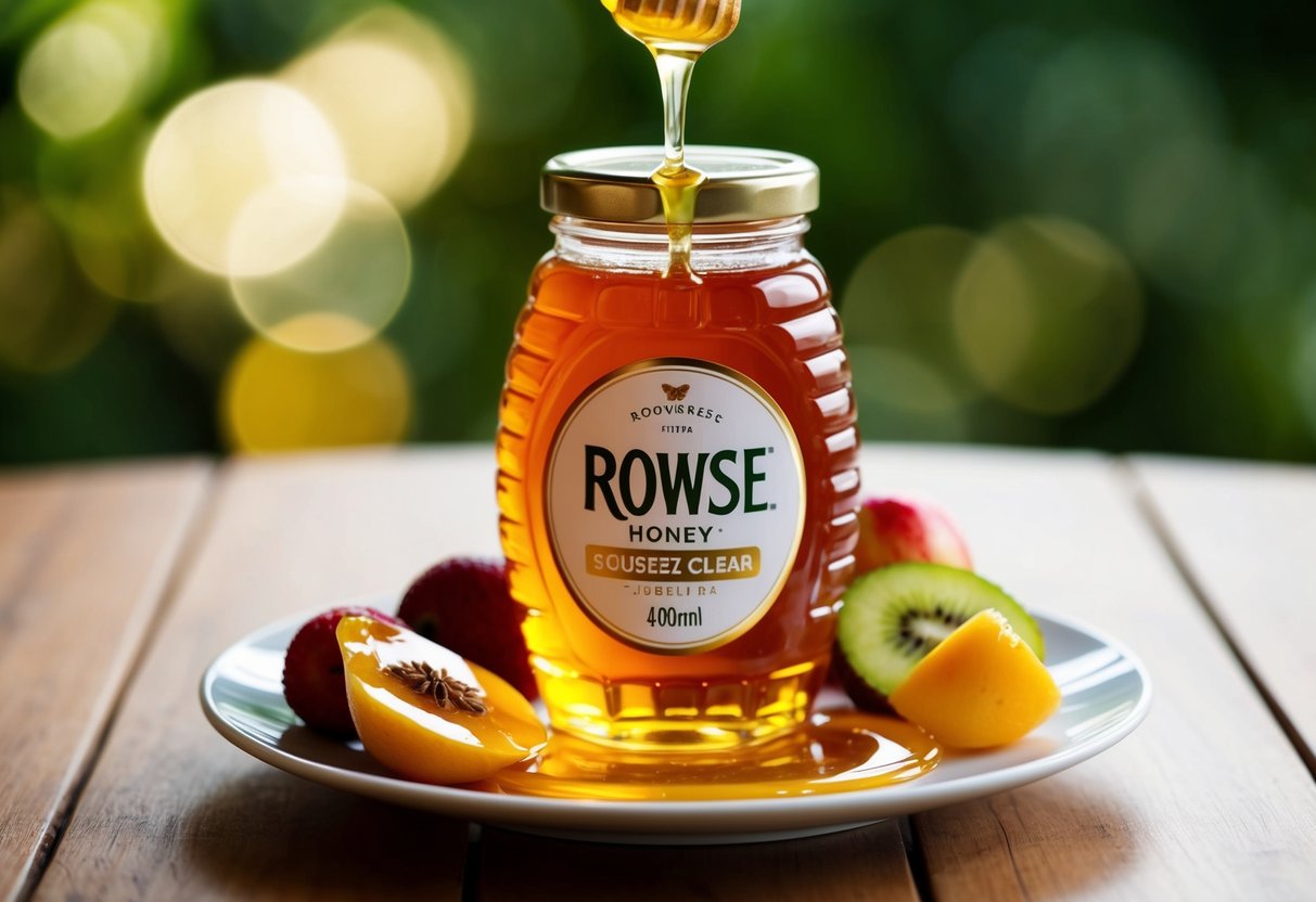 A table with a jar of Rowse Honey Squeezy Clear surrounded by fresh fruits and a drizzle of honey