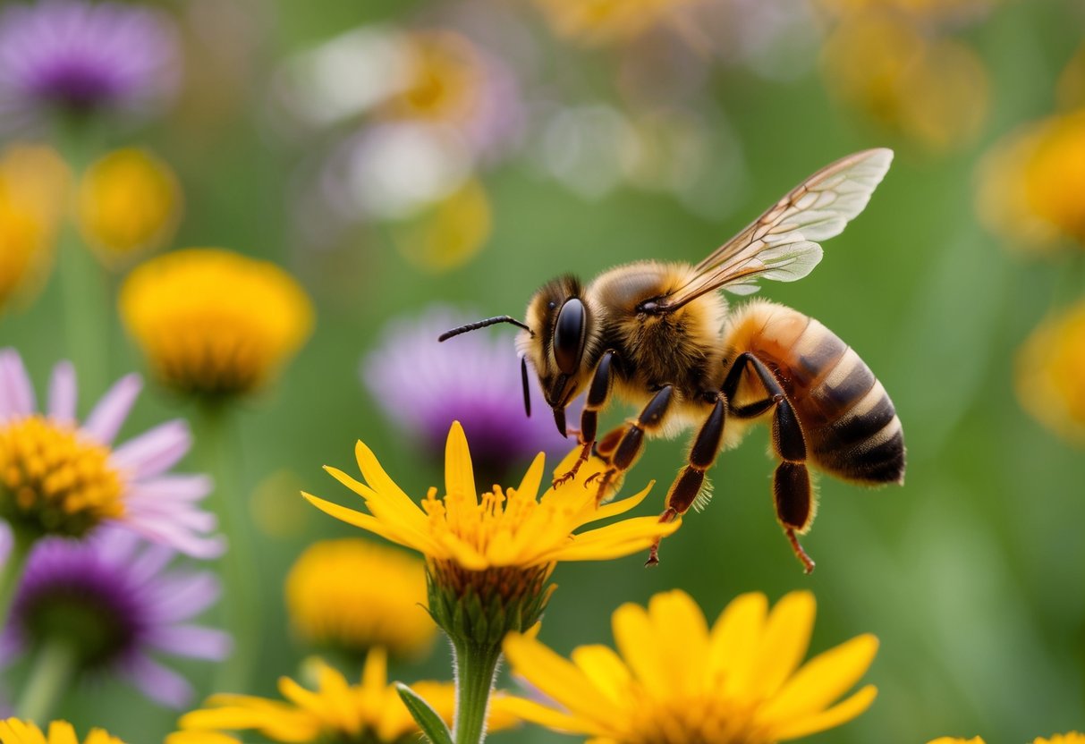 A bee hovering over a field of colorful wildflowers, collecting nectar to make honey for Sweet Benefits of Honey Promotions