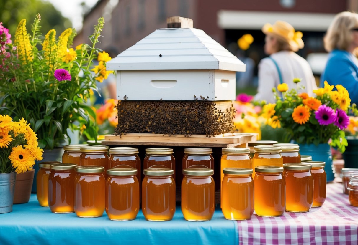 A beehive surrounded by colorful flowers, with jars of honey arranged on a table at a local farmers market
