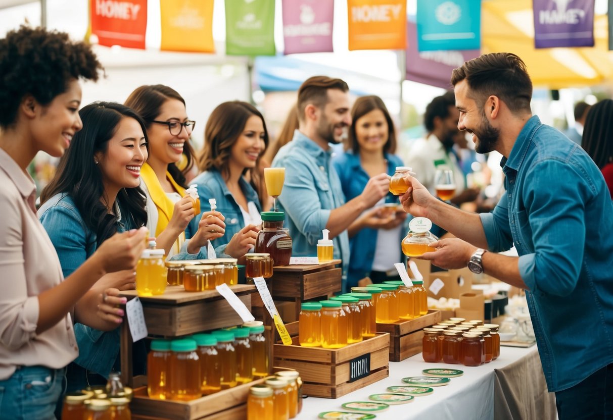 A busy farmer's market booth with colorful banners, samples, and enthusiastic customers tasting and purchasing various honey products