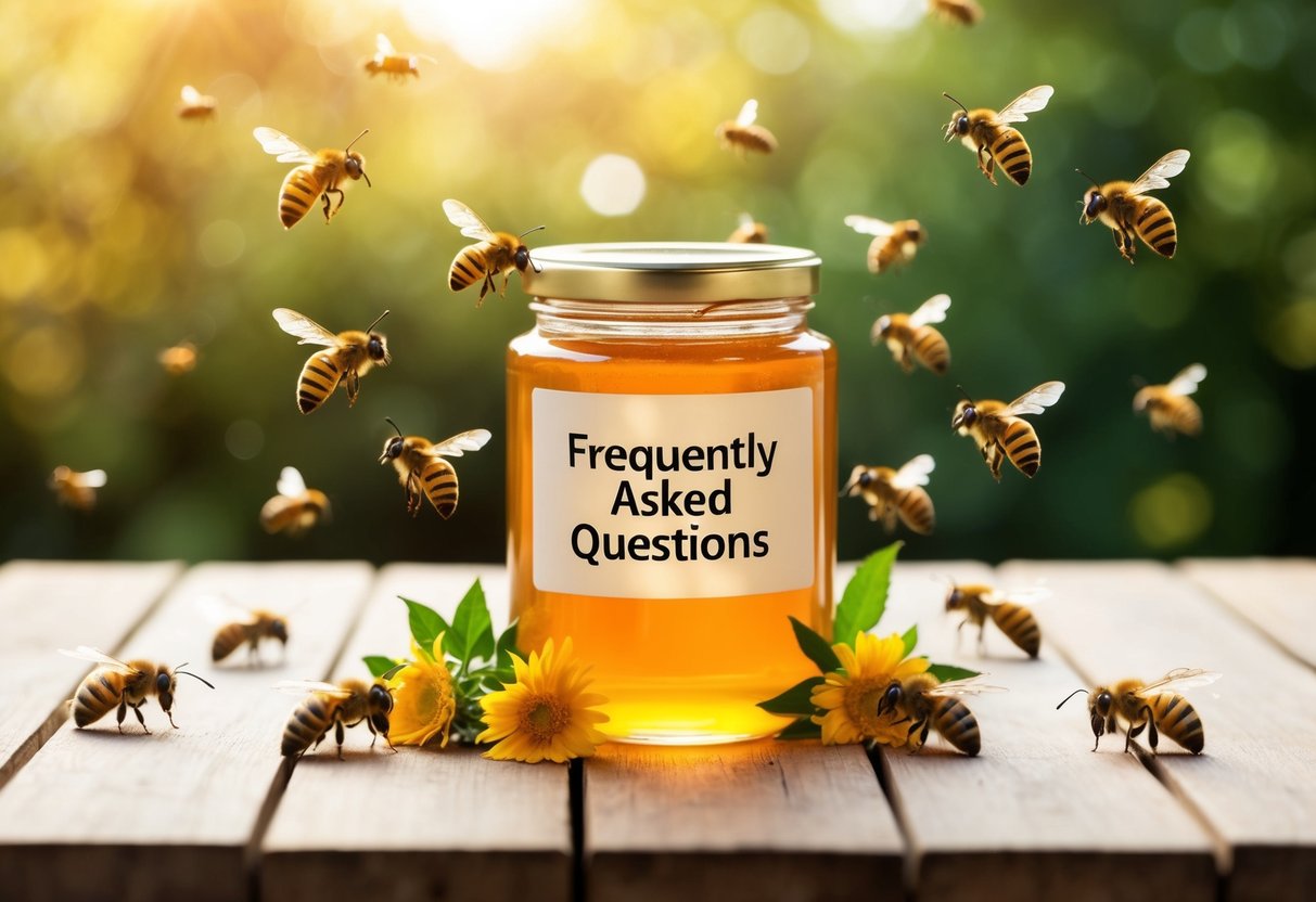 A jar of honey surrounded by buzzing bees and a banner with "Frequently Asked Questions" written on it