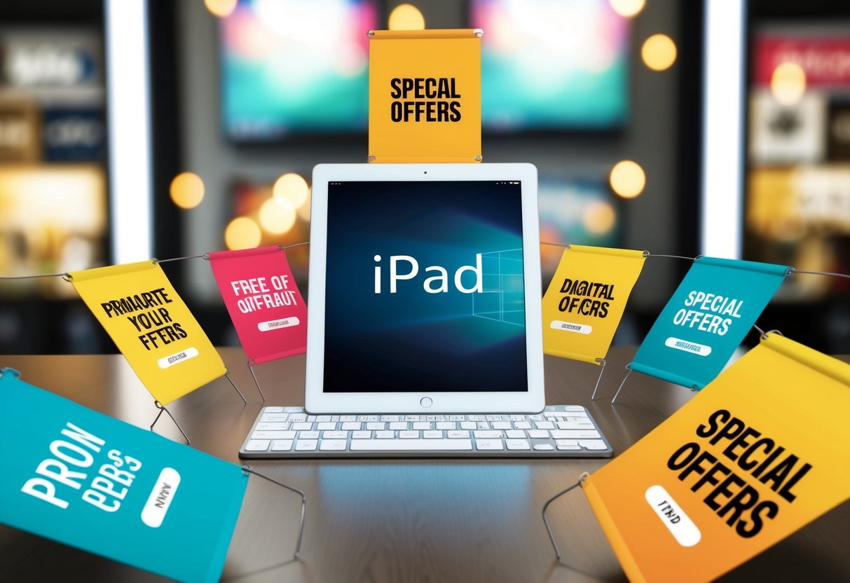 An iPad surrounded by colorful promotional banners and digital screens displaying special offers