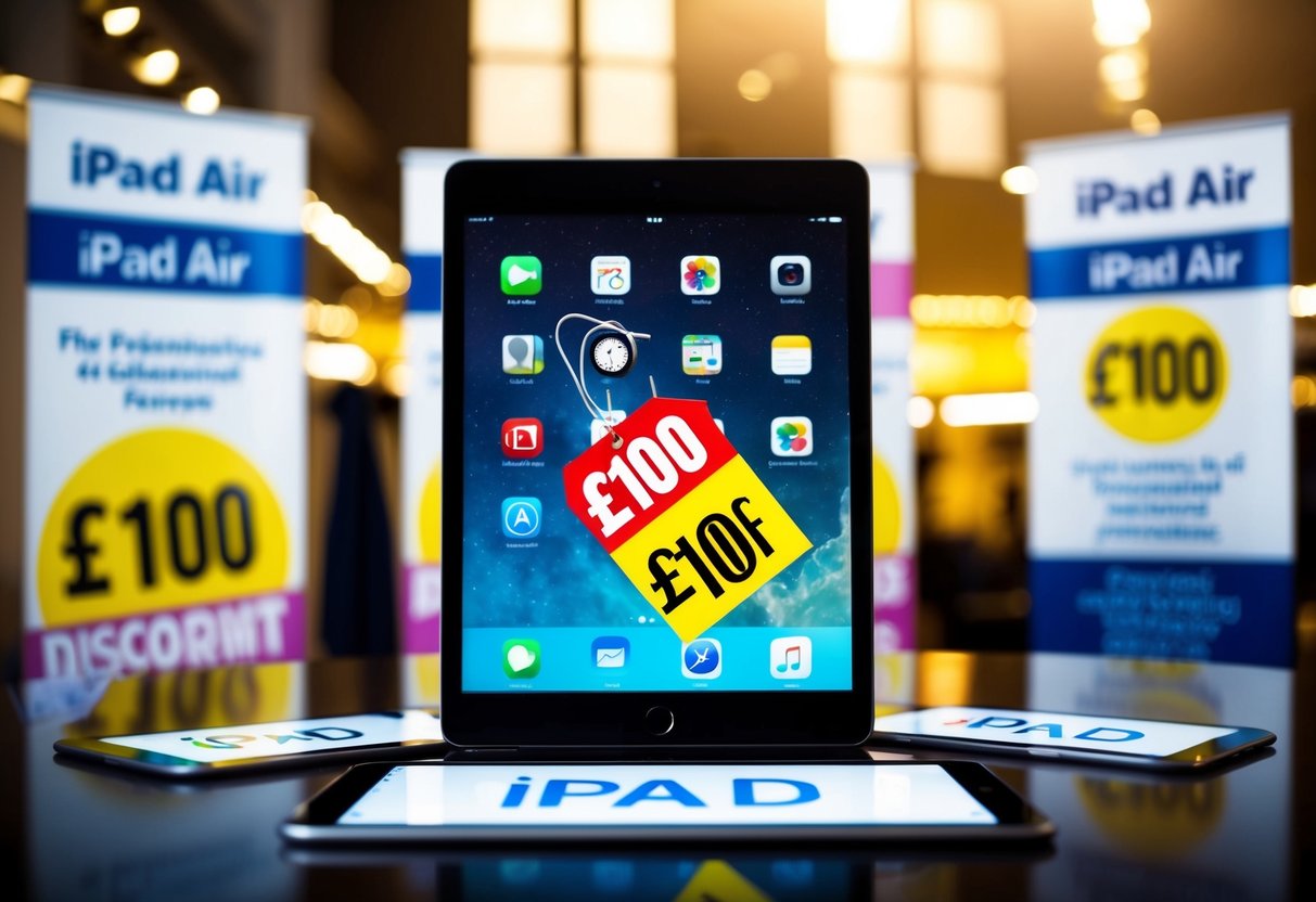 An iPad Air surrounded by promotional banners, with a price tag showing a £100 discount