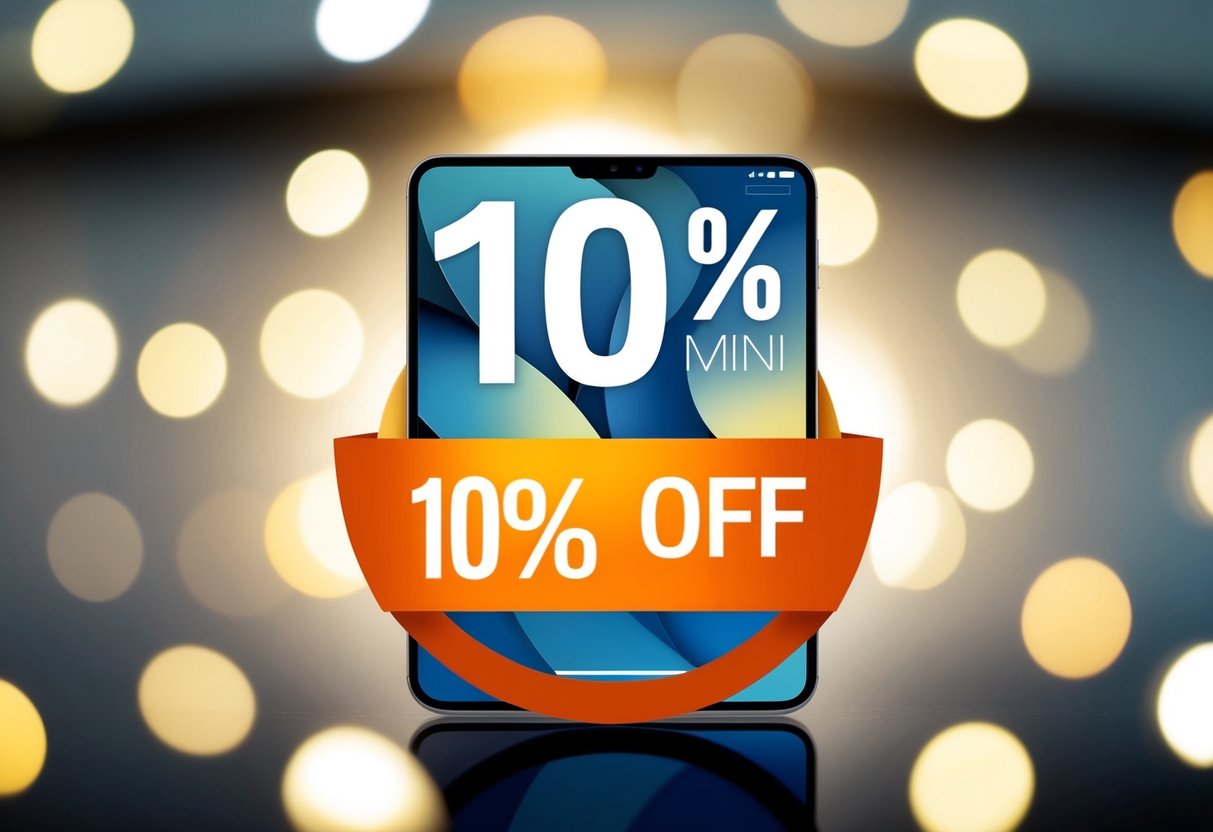 An iPad Mini surrounded by a circle with "10% off" written in bold letters, with a promotional banner above it