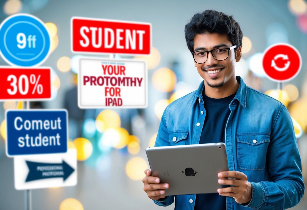 A student holding an iPad, surrounded by promotional signs and symbols