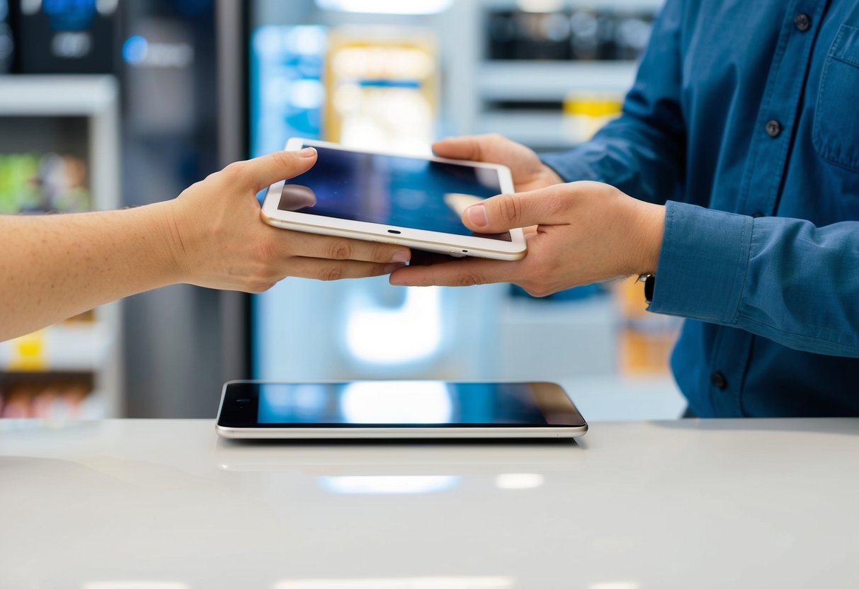 A customer handing over an old iPad and receiving up to £200 off a new one at a store counter