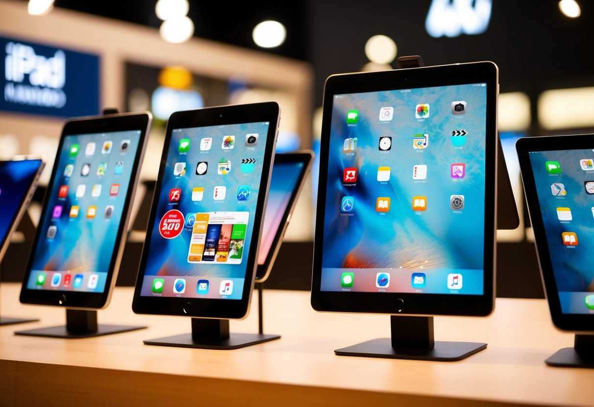 A display of the latest iPad models with promotional prices