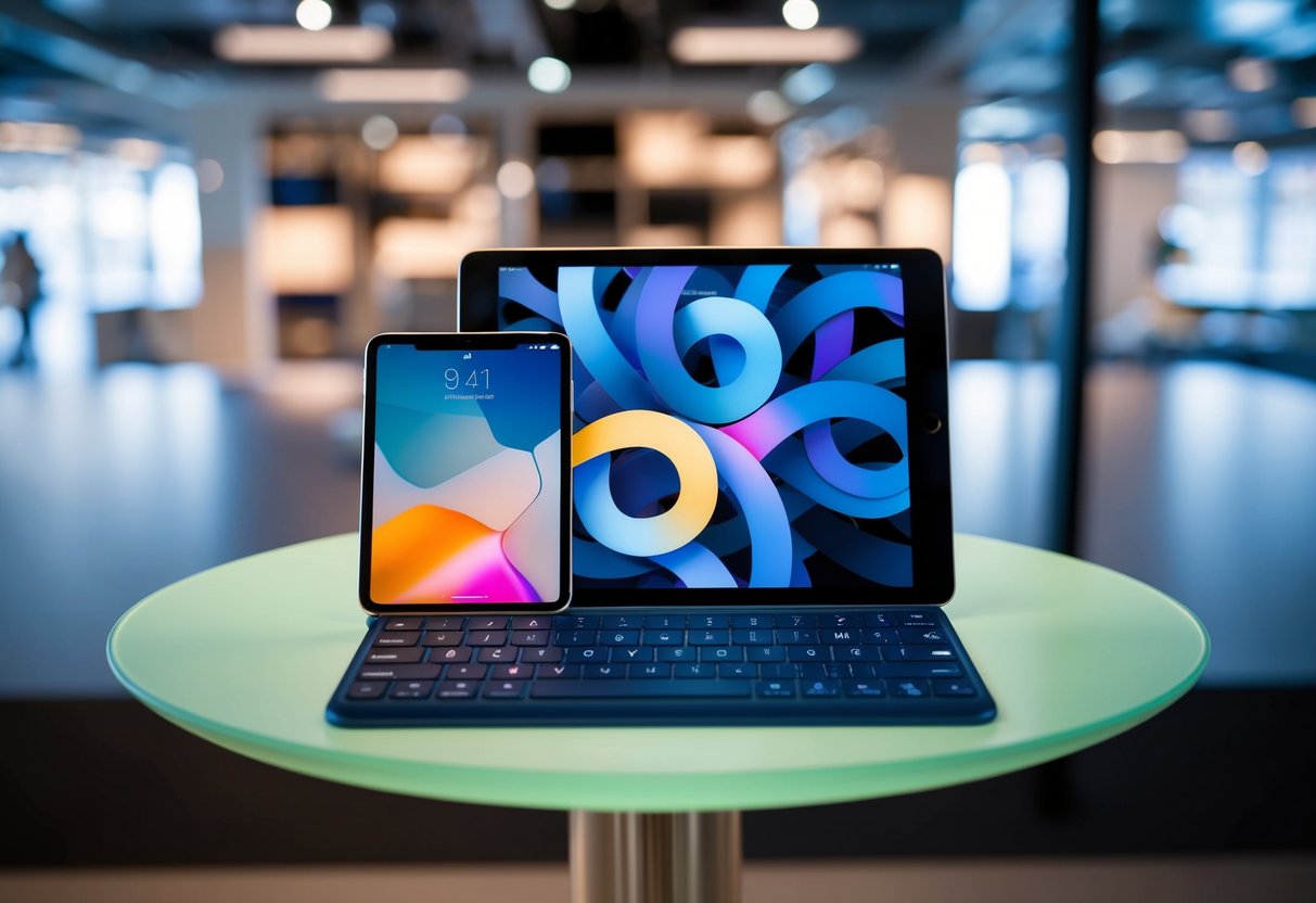 An iPad and Smart Keyboard bundled together on a sleek, modern display table
