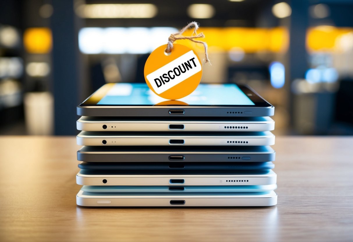 A stack of refurbished iPads displayed with a "discount" tag