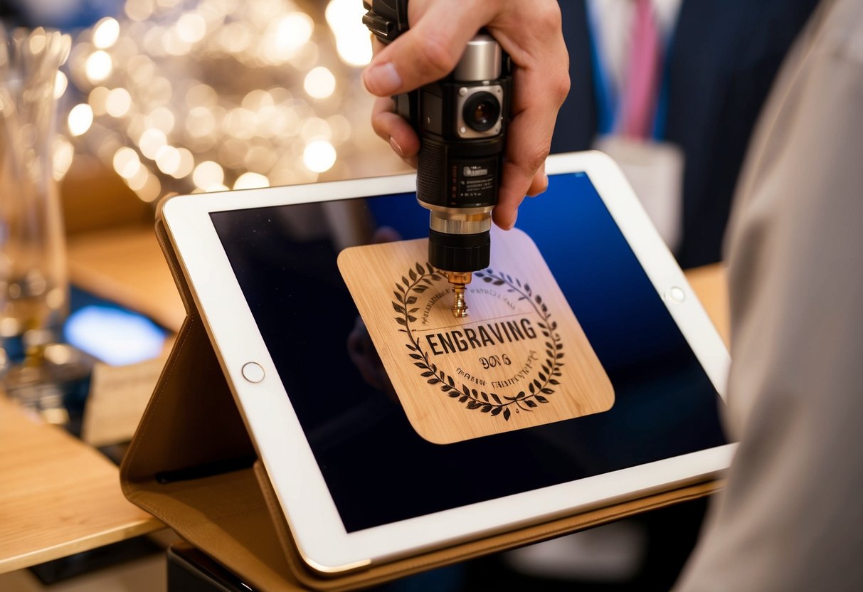 An iPad being engraved with a personalized design at a promotional event