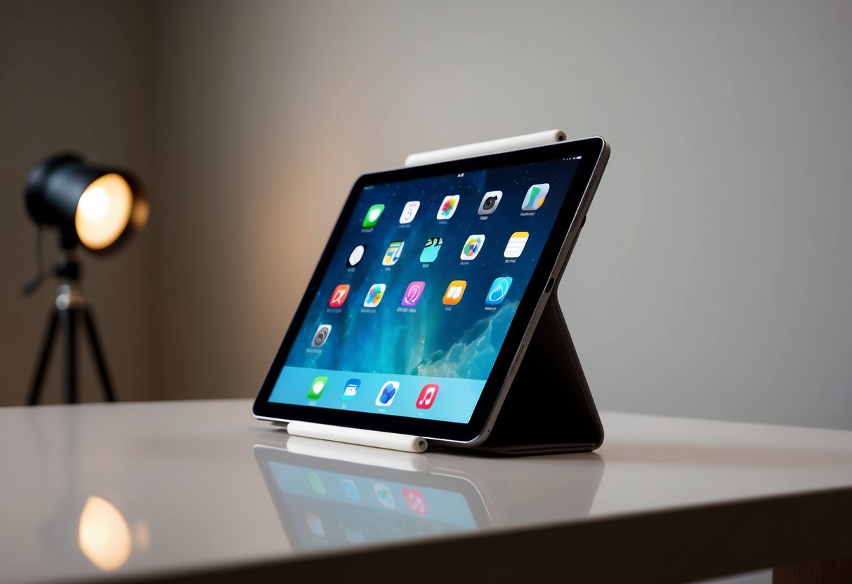 A sleek iPad displayed on a modern, minimalist table with soft lighting