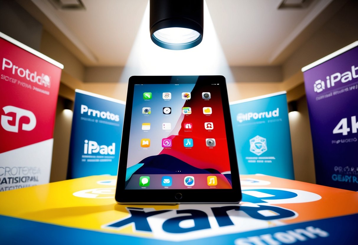 An iPad surrounded by colorful promotional banners and logos, with a spotlight shining down on it
