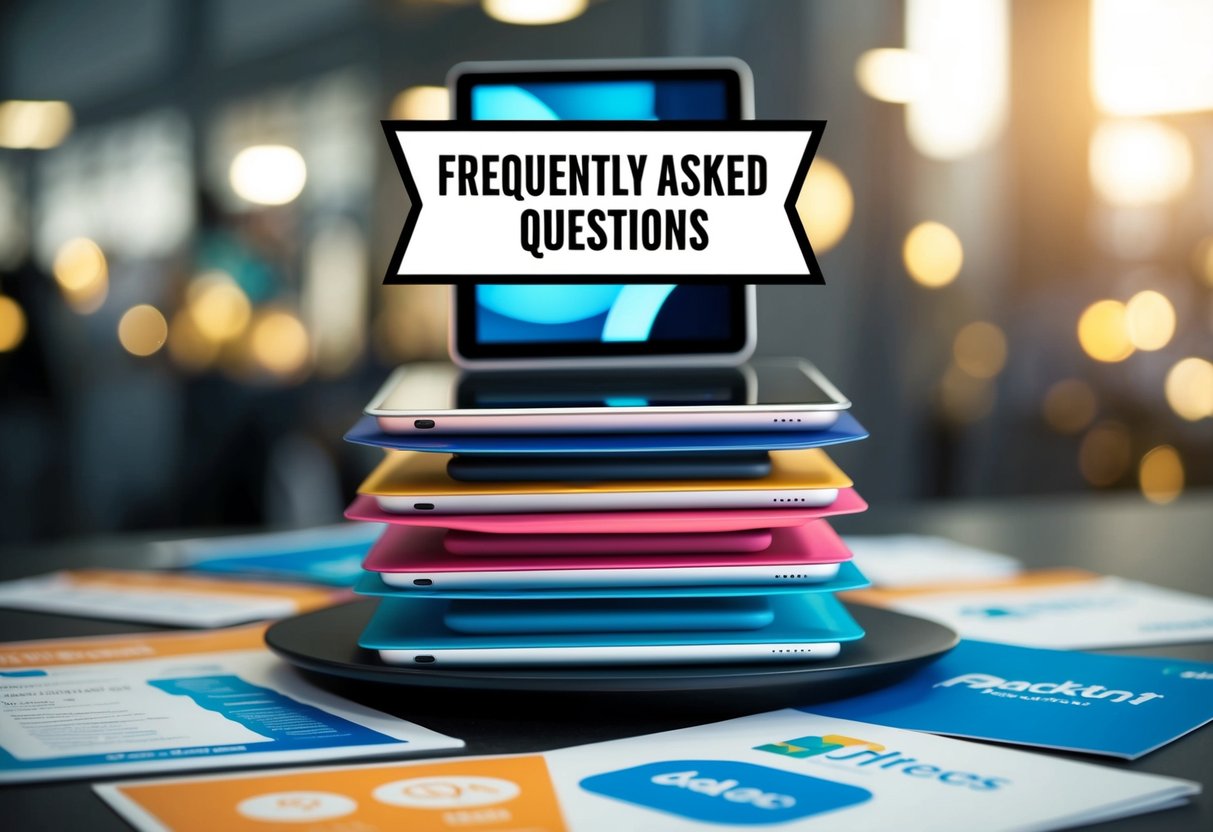 A stack of iPads with a "Frequently Asked Questions" banner above, surrounded by promotional materials and logos