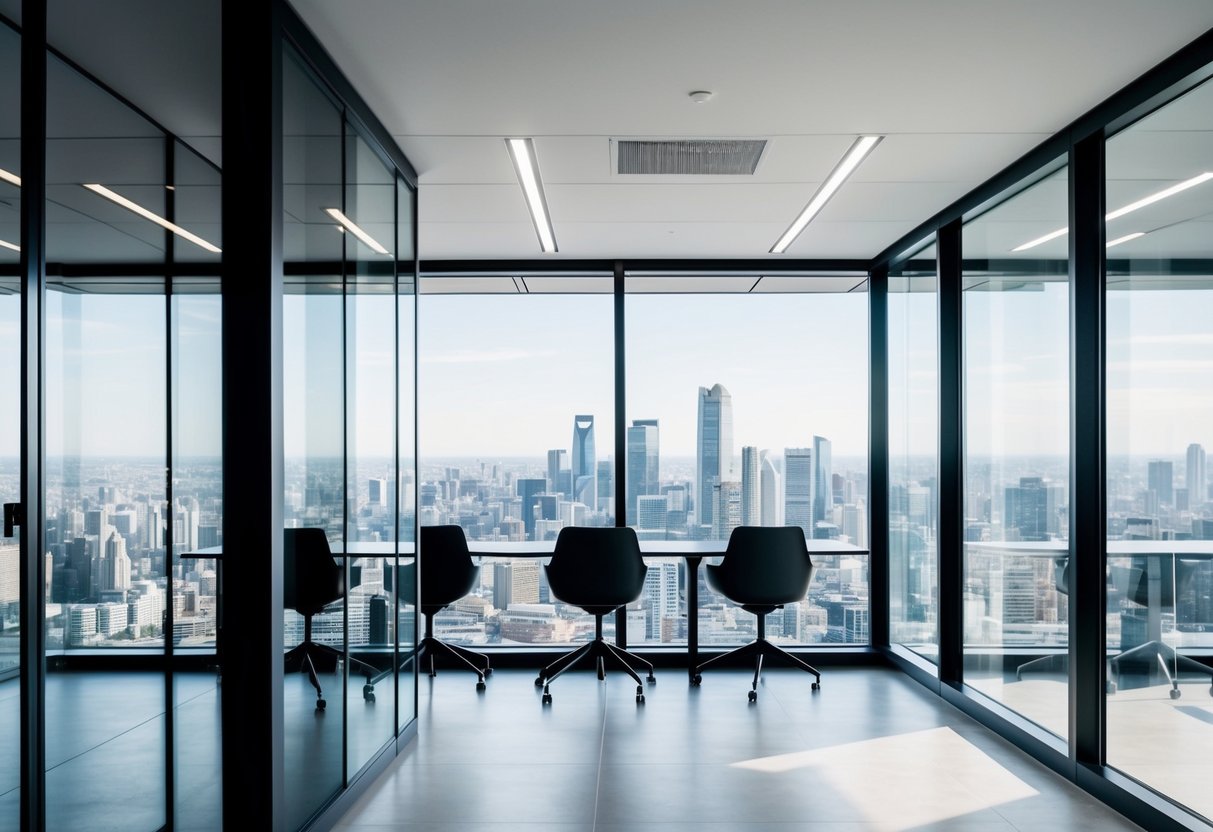 A sleek, modern office space with a minimalist, monochromatic color scheme and large windows offering a view of a bustling cityscape