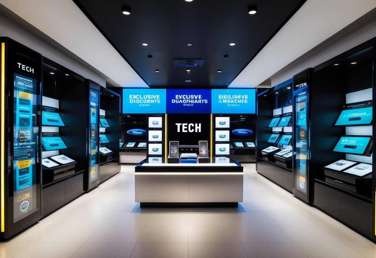 A futuristic tech store with sleek displays and vibrant digital screens showcasing exclusive discounts