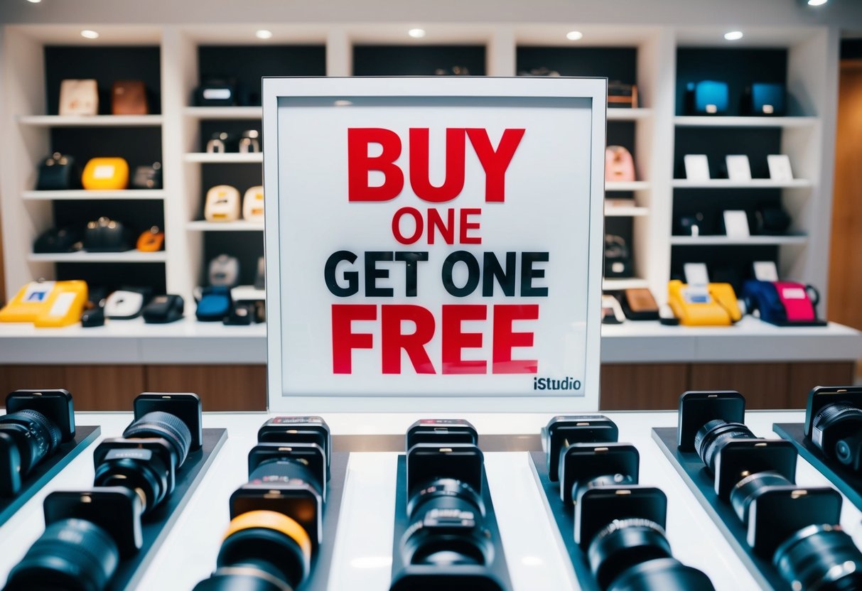 A display of various accessories with a prominent "Buy One Get One Free" sign at an istudio store