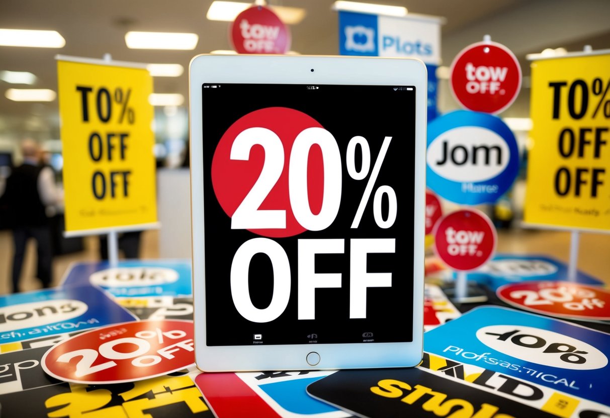 An iPad surrounded by promotional signs and banners, with a prominent "20% Off" message