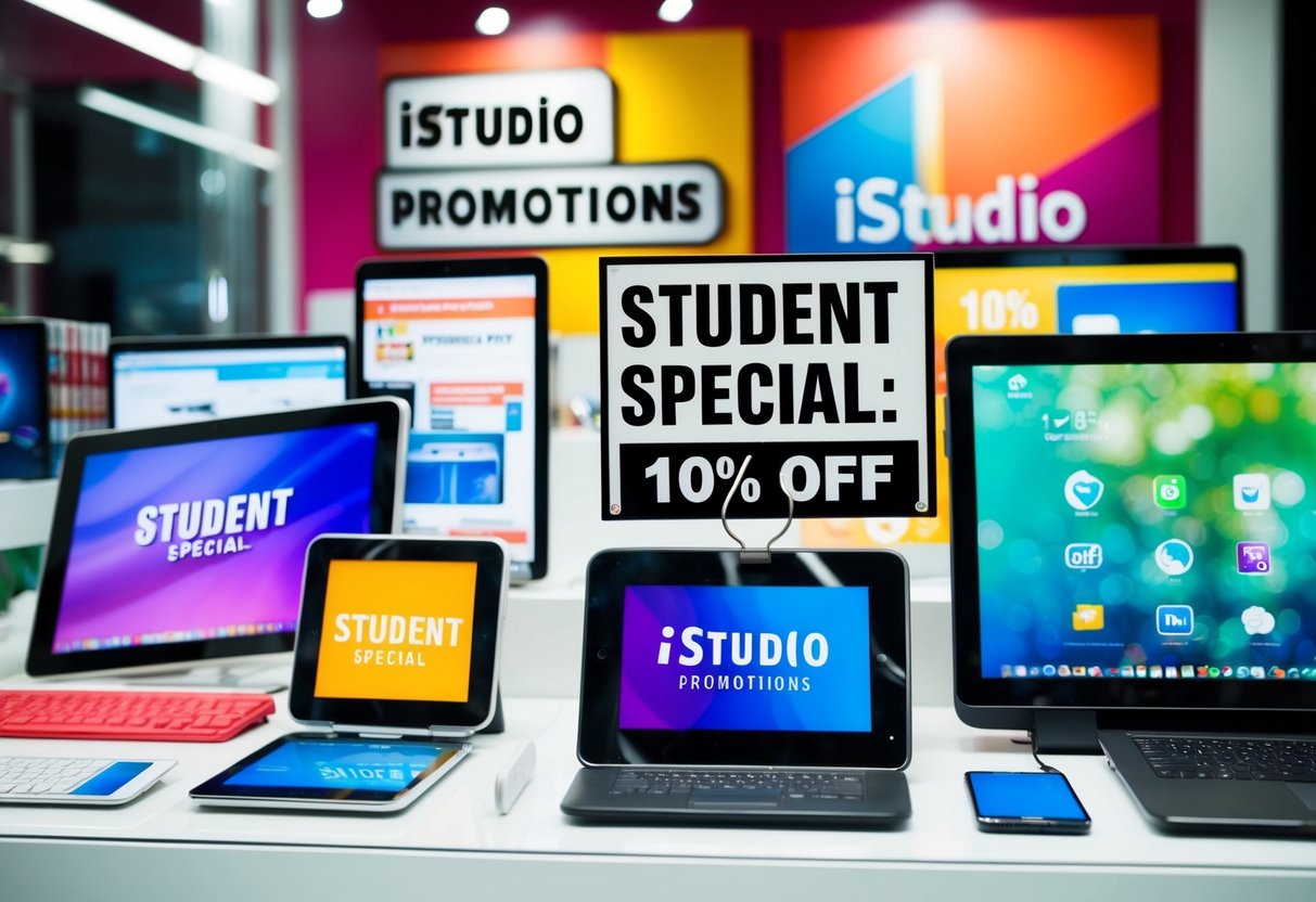 A vibrant display of electronic devices with a prominent "Student Special: 10% Off" sign at the istudio promotions store