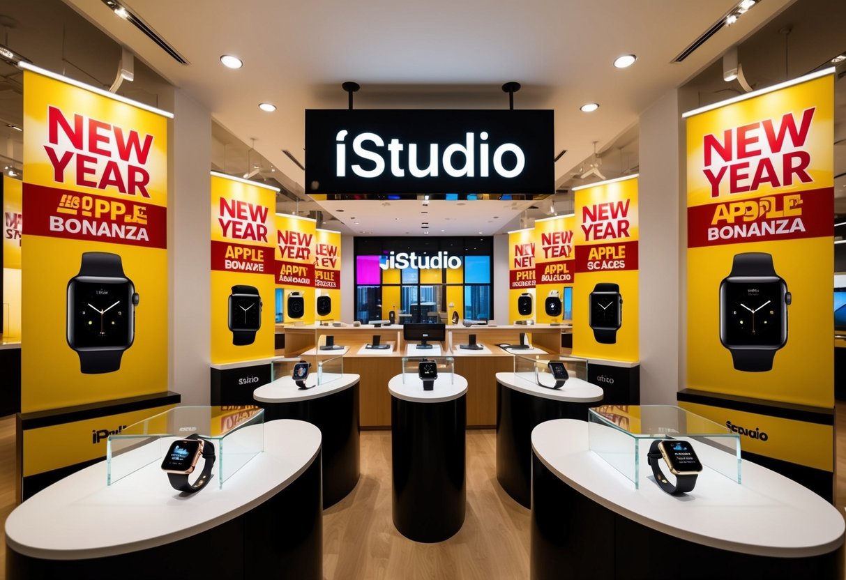 An istudio store with a display of Apple Watches on sale for the New Year Bonanza. Bright, eye-catching promotional signs and banners