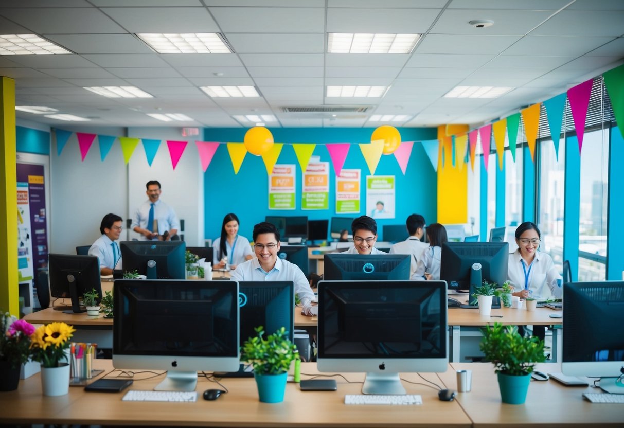 A bustling office with desks, computers, and promotional materials. Brightly colored banners and posters adorn the walls. Staff members are busy at work
