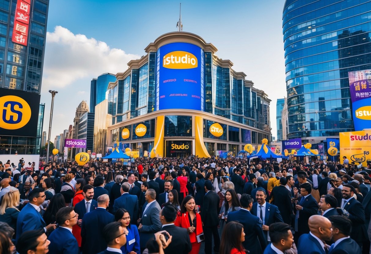 A vibrant and dynamic cityscape with buildings adorned with the iStudio logo, surrounded by a bustling crowd of people enjoying various promotional activities