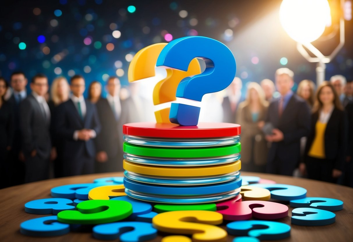 A stack of colorful question mark icons surrounded by a spotlight, with a crowd of people in the background