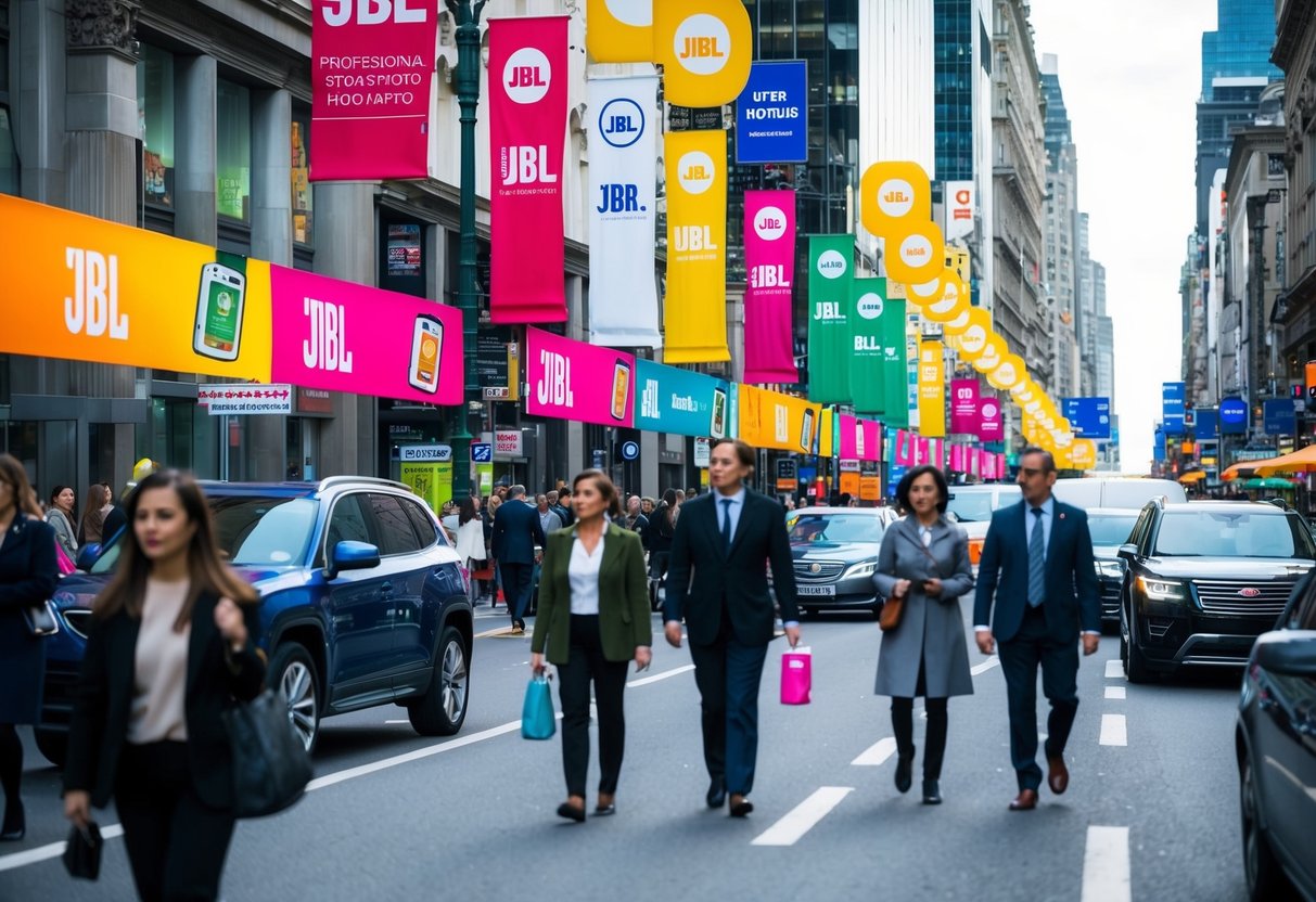 A bustling city street with colorful banners and signs promoting JBL products. Pedestrians walk by, and cars drive past the lively scene