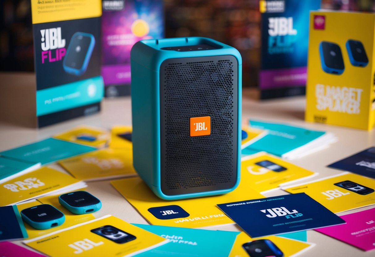 A JBL Flip 6 speaker surrounded by promotional materials in a vibrant, energetic setting