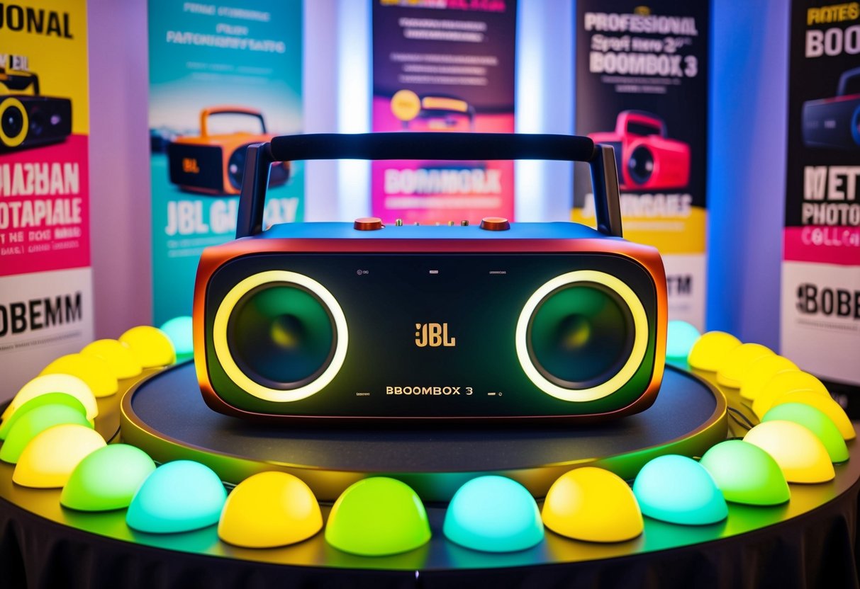 A vibrant display of the JBL Boombox 3 surrounded by promotional banners and colorful lights