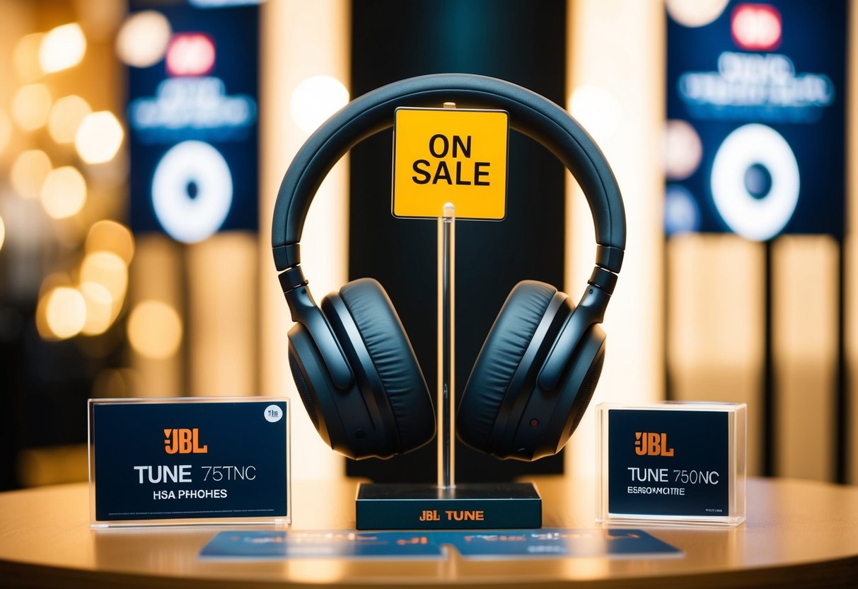 A pair of JBL Tune 750BTNC headphones displayed with a "On Sale" sign next to them, surrounded by JBL promotional materials