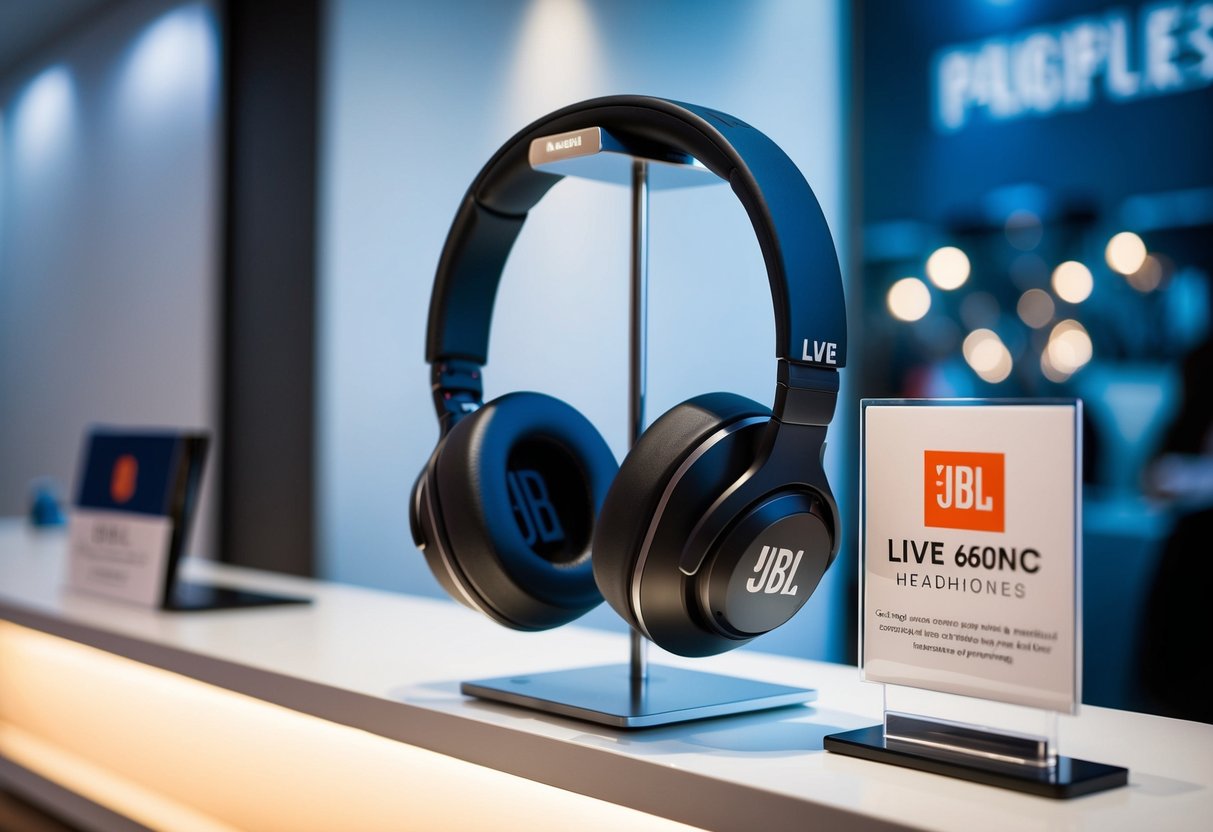 A pair of JBL Live 660NC headphones displayed on a sleek, modern shelf with a promotional sign nearby