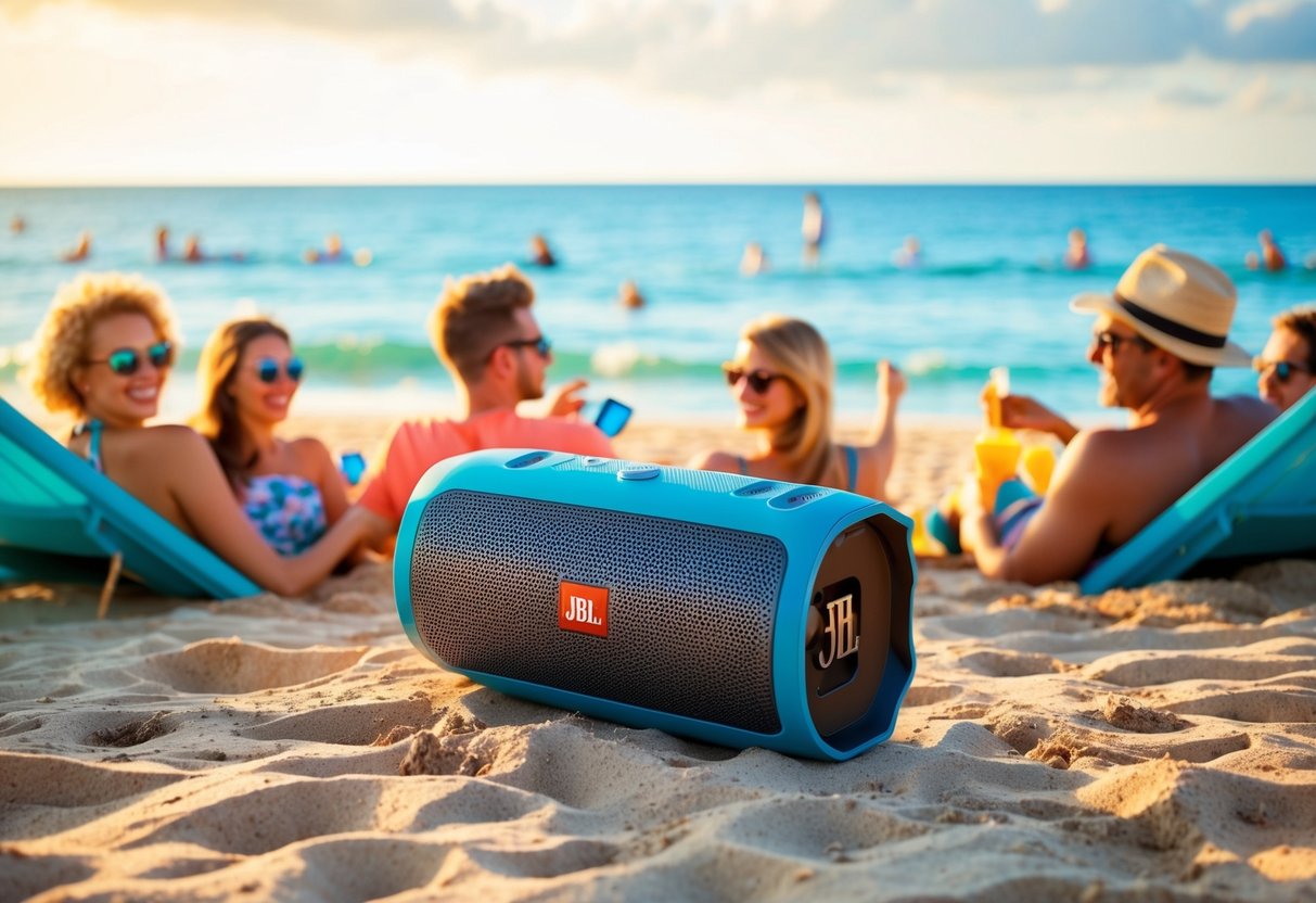 A vibrant beach setting with a JBL Charge 5 speaker prominently displayed, surrounded by happy vacationers enjoying the sun and ocean
