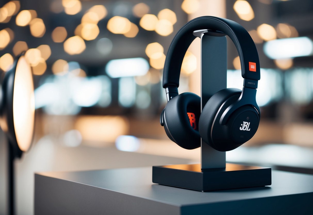 A pair of JBL Reflect Mini NC headphones displayed on a sleek, modern pedestal with a spotlight shining on them