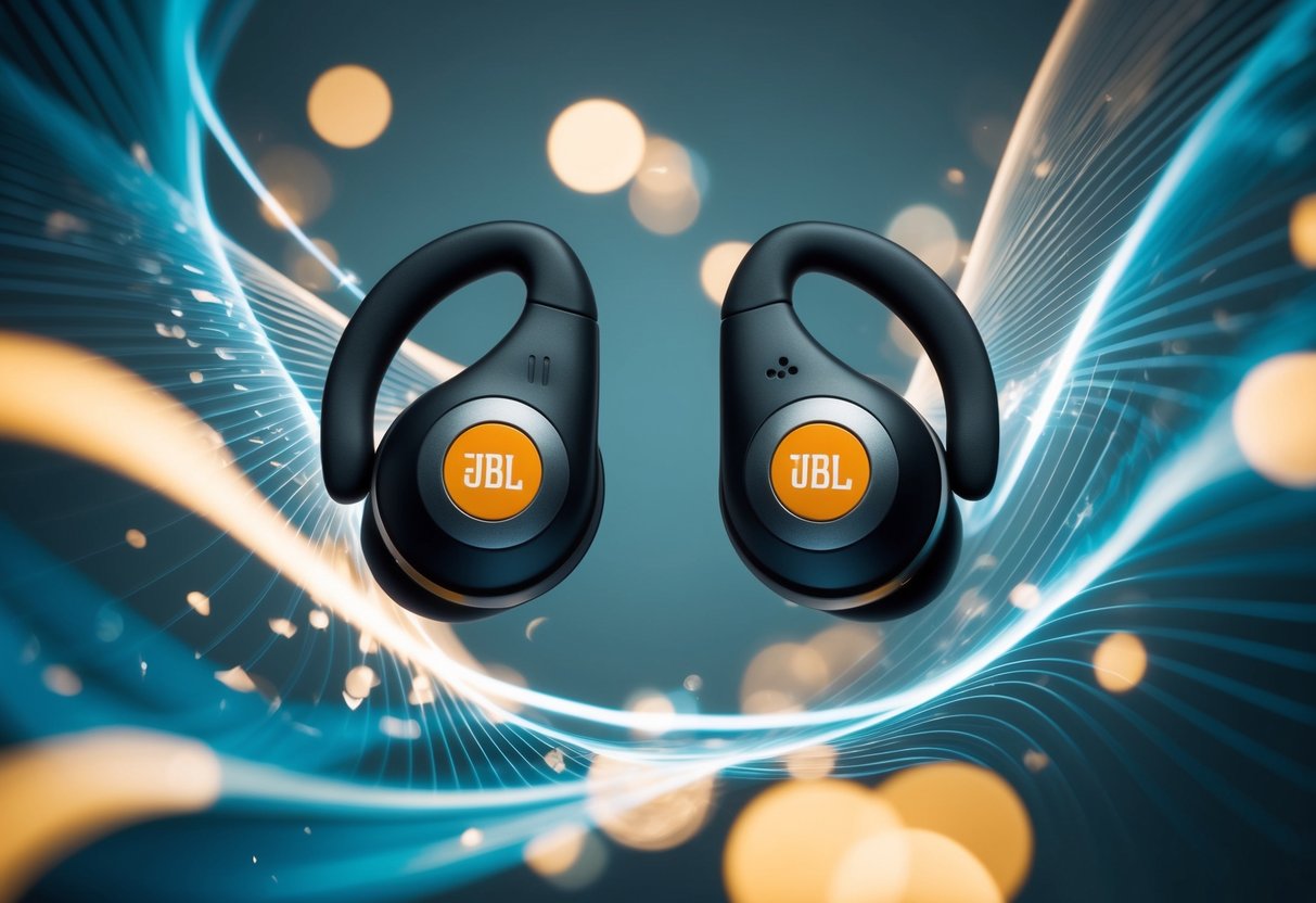 A pair of JBL Endurance Peak II earbuds surrounded by dynamic, energetic music waves
