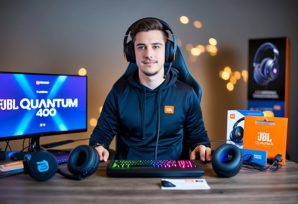 A gamer wearing JBL Quantum 400 headset, surrounded by gaming accessories and promotional materials