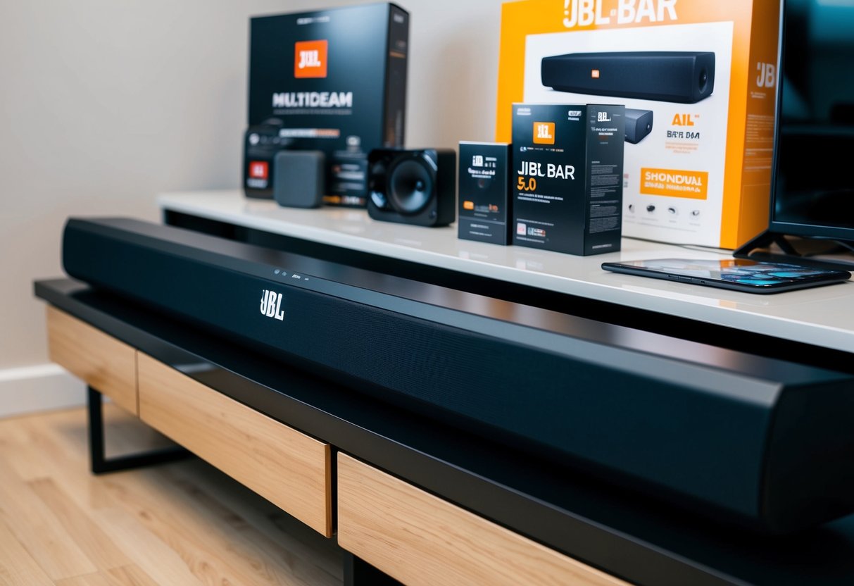 A sleek JBL Bar 5.0 Multibeam soundbar sits on a modern entertainment unit, surrounded by various JBL promotional materials