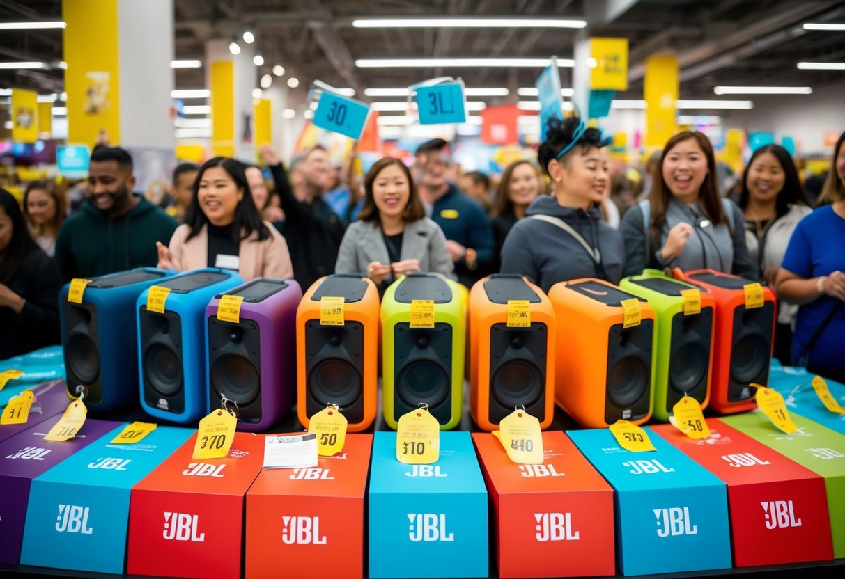 A colorful display of JBL PartyBox 310 speakers with price tags slashed, surrounded by excited shoppers